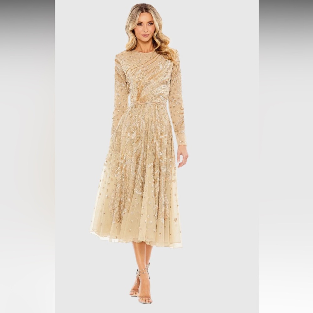 MAC DUGGAL Embellished Illusion High Neck Long Sleeve Dress